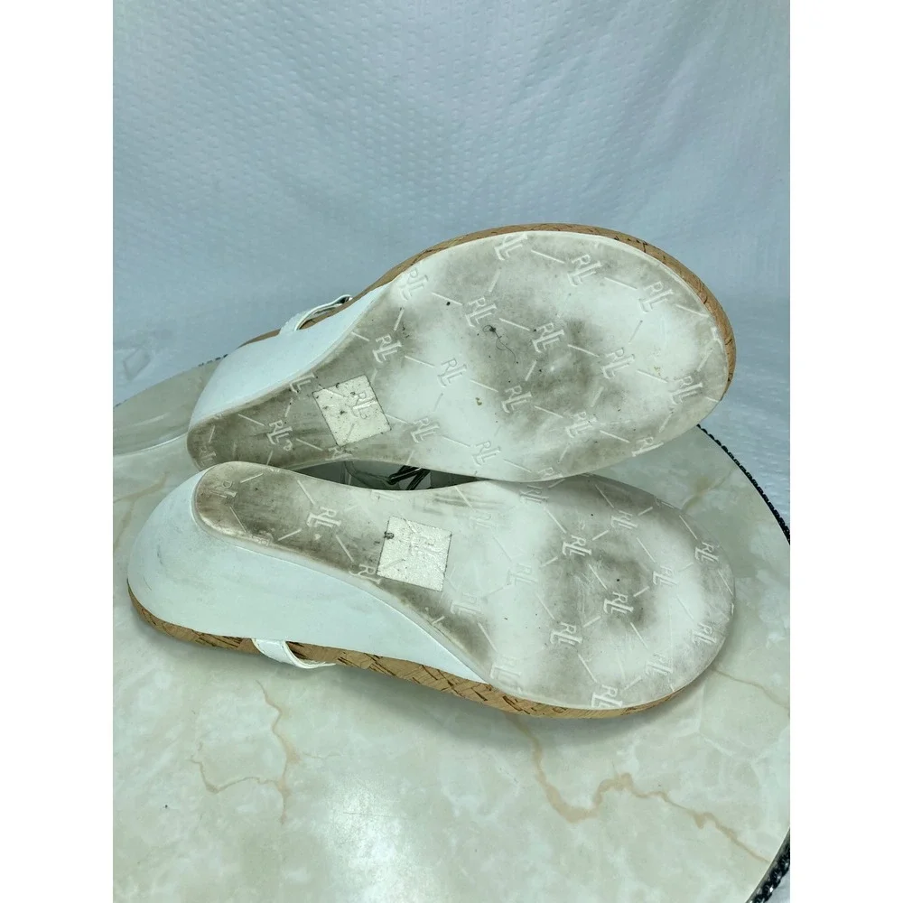 Lauren Ralph Lauren Rula Wedge Thong Sandals Women 8.5 White T-Strap Comfy Shoes